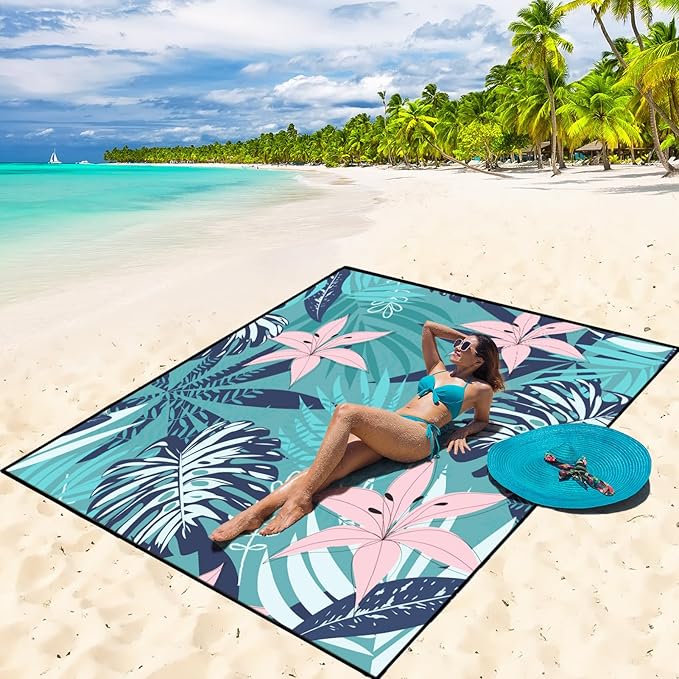 Beach Blanket Waterproof Sandproof Beach Mat 79" X 83" /10'x9'for 2-8 Adults Quick Drying Outdoor Picnic Mat Beach Accessories for Travel, Camping, Hiking