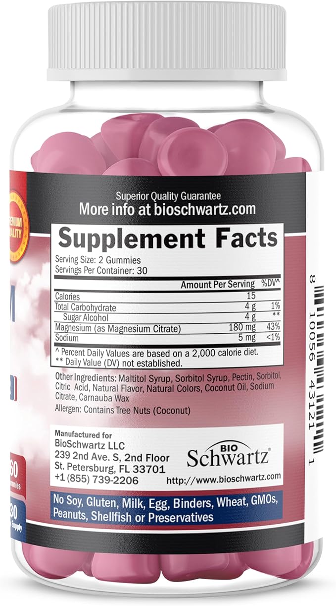 BioSchwartz Sugar Free Magnesium Gummies (30 Servings) Berry Flavored Magnesium Citrate Supplement Supports Healthy Nerves Muscles Energy Calm Mood and Sleep (Vegan Safe, Non GMO, 60 Gummies)