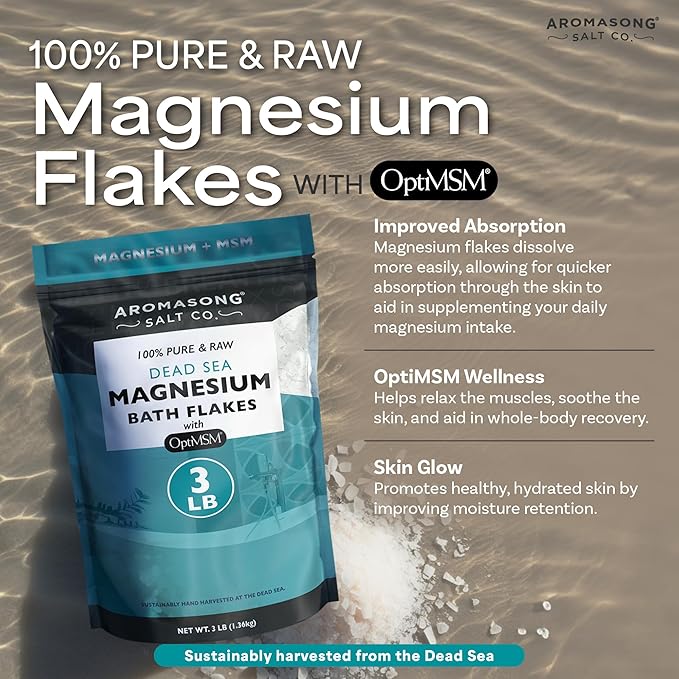 Aromasong RAW Magnesium Flakes + OptiMSM for Soaking 3 LB Resealable Pack - Muscle Relaxing Organic Bath Salts Magnesium Chloride Flakes, Mineral Soak.
