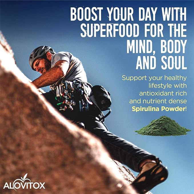 Alovitox Organic Spirulina Powder | Nutrient Dense Superfood with Antioxidants, Proteins, Vitamin A and B, Fiber, Omegas 3, 6 & 9-100% Organic, No Additives/Colors, Gluten Free, Vegan, Non-GMO (1 lb)