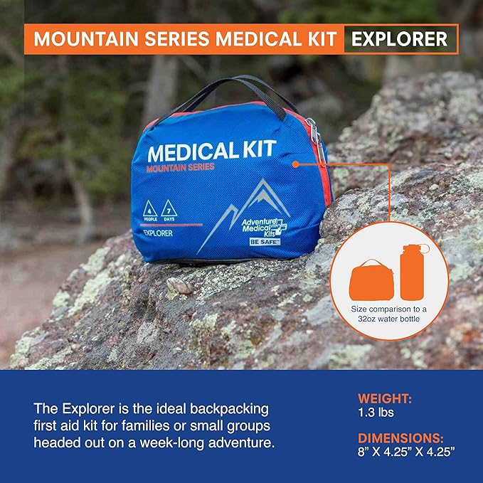 Adventure Medical Kits Mountain Series Medical Kit - Explorer - Emergency Medical First Aid Kit - For 4 People for 7 Days - Comes with a Trauma Pad, Medicine, Guide Book & More