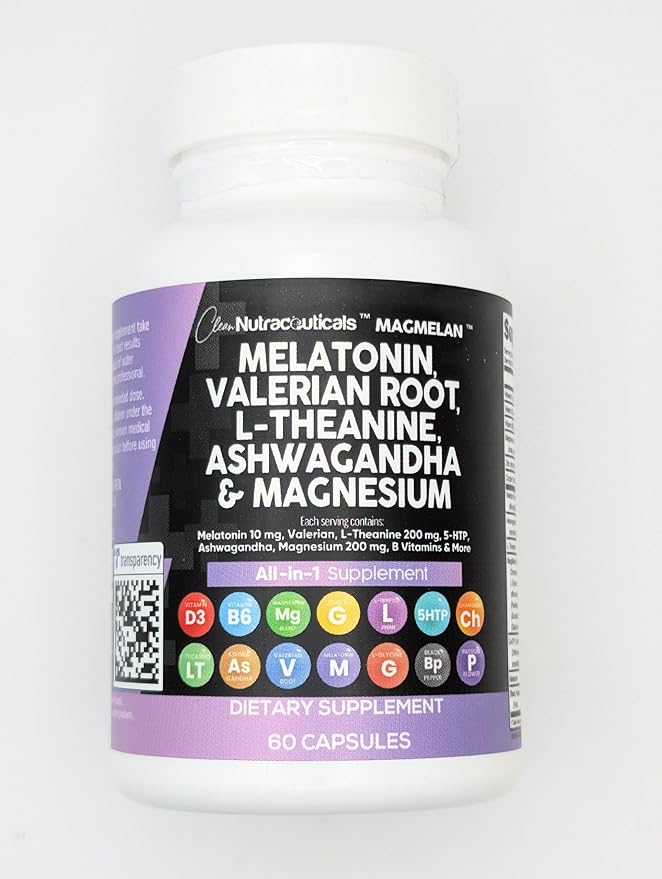 Clean Nutraceuticals Melatonin 10mg Valerian Root L Theanine 200mg Ashwagandha - Sleep Support for Women & Men with Magnesium Complex, Lemon Balm, Chamomile, & Passion Flower - 60 Caps