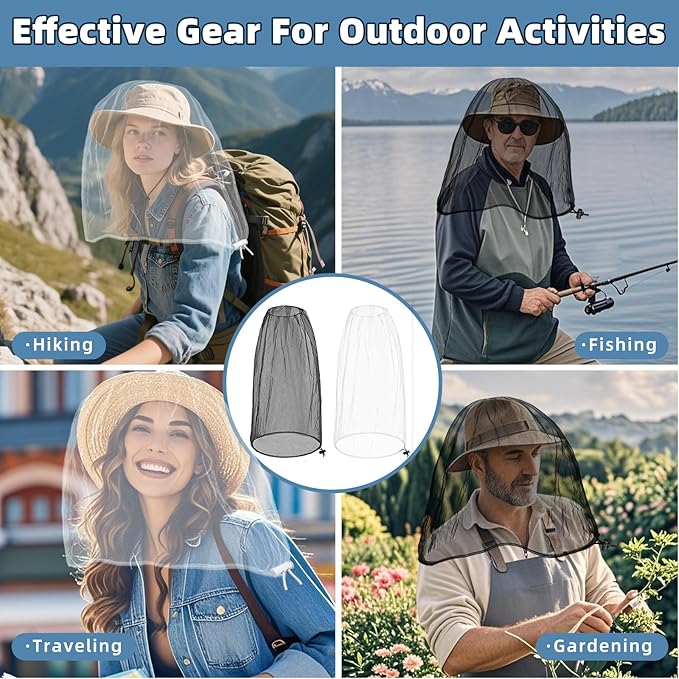 2 Pack Ultra Large Mosquito Net 42x25 Inches Mosquito Head Net Oversized Insect Netting Bug Fits Most Hats for Gardening Hiking Fishing Traveling(White+Black)