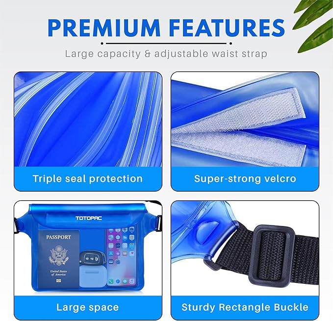 2-Pack Waterproof Fanny Pack, Phone Pouch with Waist Strap, 9x6.7 Inch Dry Bag for Phone, Cash, and Valuables – for Swimming, Kayaking, Boating, Snorkeling, and Water Sports (2, Blue + Blue)