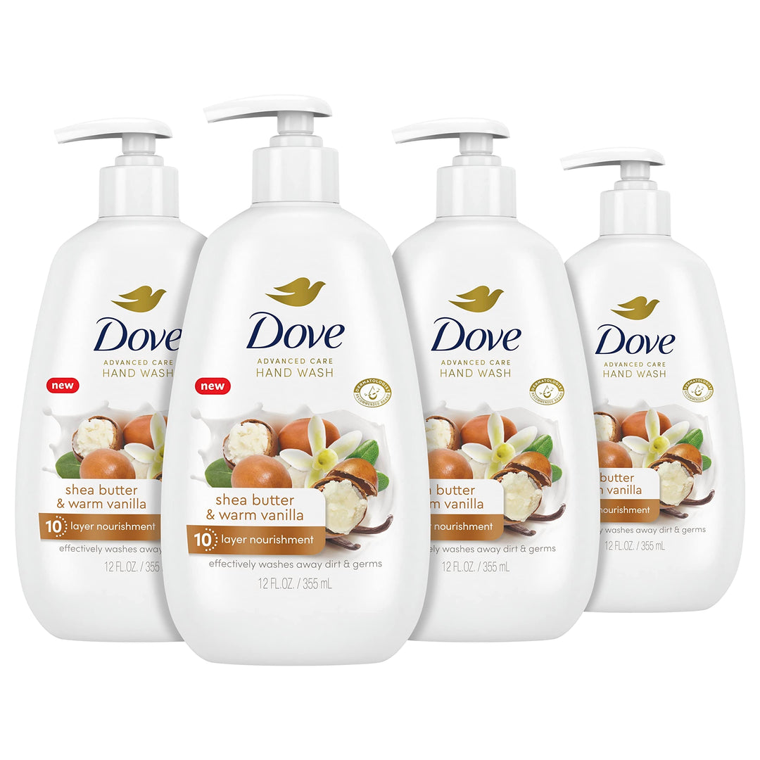 Dove Advanced Care Hand Wash Shea Butter & Warm Vanilla 4 Count For Soft, Smooth Skin, More Moisturizers Than The Leading Ordina