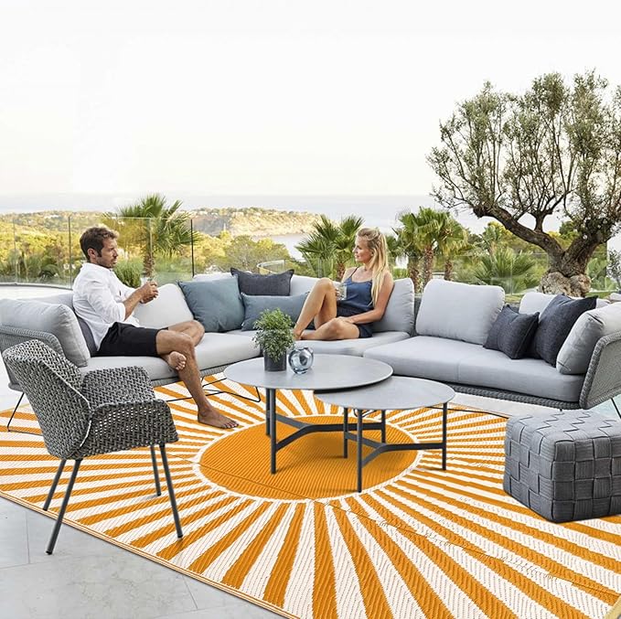 Anidaroel 9x18ft Reversible RV Outdoor Rugs for Camping, Waterproof Patio Rugs Outdoor Clearance, Outdoor Plastic Straw Outside Area Rugs Camping, Pool Deck, Backyard, Picnic(Orange,9‘x18')