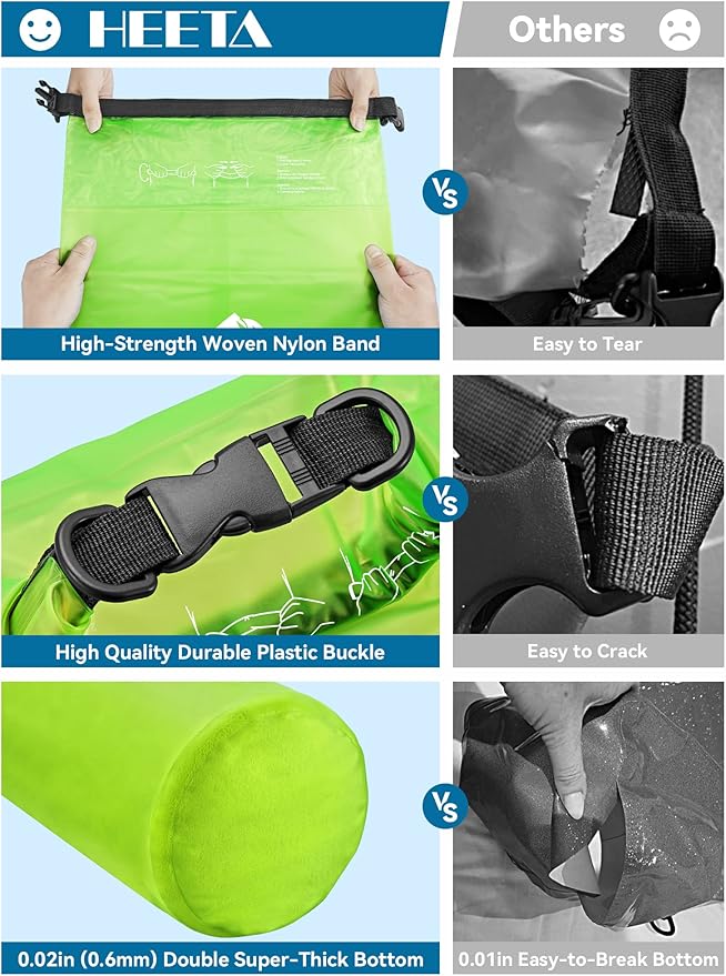 HEETA Dry Bag Waterproof for Women Men, 5L/10L/20L/30L/40L Roll Top Lightweight Dry Storage Bag Backpack with Phone Case for Travel, Swimming, Boating, Kayaking, Camping & Beach, 11 Transparent Colors