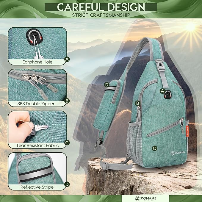 ZOMAKE Small Sling Bag, Travel Sling Backpack, Waterproof Hiking Cycling Crossbody pack for Men Women(Army Green)