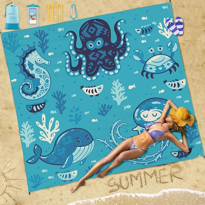 Beach Blanket Sandproof Waterproof 78''×81''1-5Adults Oversized,Compact Lightweight Durable Beach Mat for Travel Camping Hiking Picnic Blanket