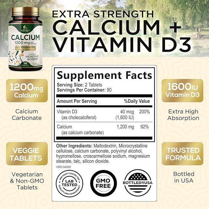 Calcium 1200 mg with Vitamin D3, Calcium Supplement Vitamins, Supports Bone Strength, Teeth & Immune System, Calcium Supplements for Women & Men, Nature's Absorbable Calcium Carbonate - 180 Tablets