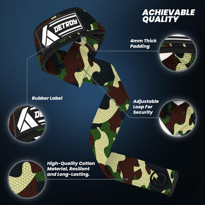 Detroy® Lifting Wrist Straps for Weightlifting, Deadlifts, Bodybuilding, Powerlifting, Gym Strength Training Workouts - Padded Neoprene with 24 inch Webbing Cotton with Silicone Grip for Men & Women (Camo)