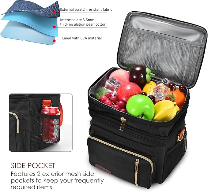 MIYCOO Lunch Bag & Lunch Box for Women Men Double Deck - Leakproof Insulated Soft Large Adult Lunch Cooler Bag for Work Black Orange