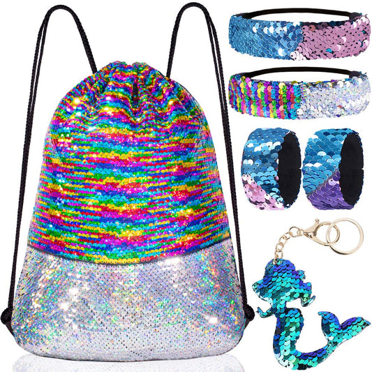 Mermaid Reversible Sequin Drawstring Backpack/Bag Iridescent Dotted Multi-Colored/Silver for Kids Girls One_Size