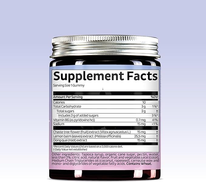 PMS Support Supplement for Women. Menstrual Relief Gummies to Target Hormonal Breakouts, Bloating, Period Cramps, & Mood Swings. Vegan, with Vitamin B6 & Lemon Balm, 60 Gummies