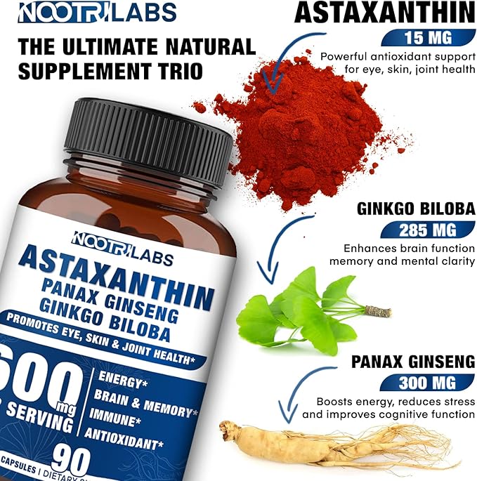 Astaxanthin 15mg + Panax Ginseng, Ginkgo Biloba Supplements, 90 Vegan Capsules, Promotes Eye Health Energy, Cardiovascular Support + Immune Defense and Focus