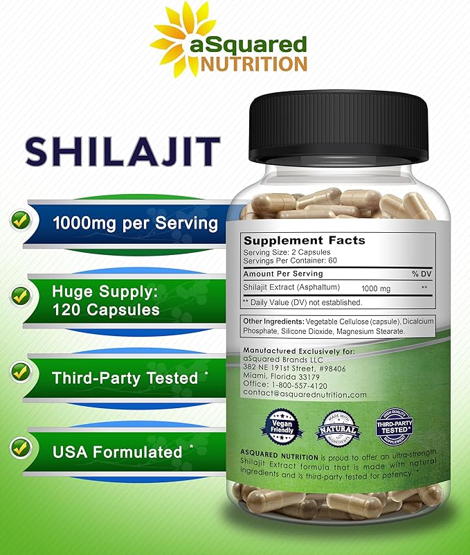 aSquared Nutrition Shilajit 1000mg - 120 Capsules - Pure Shilajit Extract Supplement and Powder Complex Pills - Natural Humic & Fulvic Acid & Trace Minerals - Alternative to Resin & Drops
