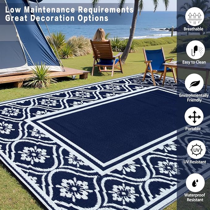 Outdoor Rug 8x10 Patio Waterproof Mat Camping Carpet Blue Outside Area Rug Reversible Rugs for RV Deck Entryance Porch Picnic Balcony Beach