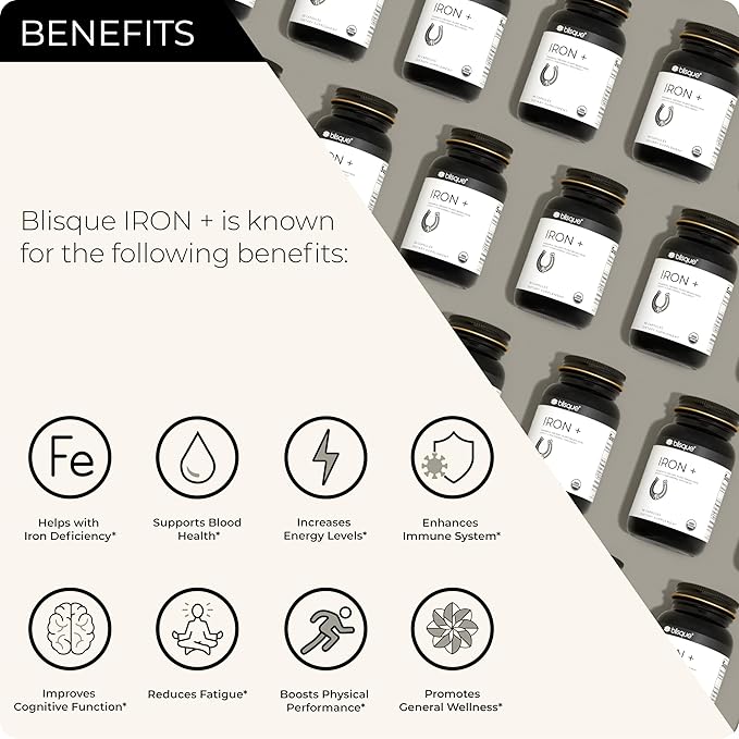 Blisque - Organic Plant-Based Iron Formula for Blood Health, Immune Support, and Energy | from Organic Curry Leaf Extract | 90 Capsules