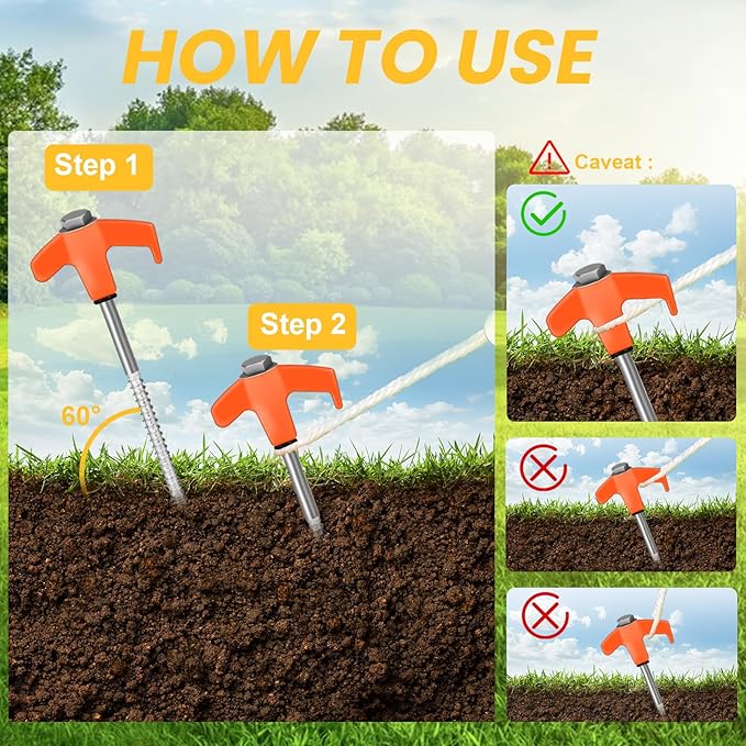 8" Screw in Tent Stakes 12PCS - Ground Anchors Screw - Screw in Tent Stakes Heavy Duty- Tent Pegs Camping Stakes- Hex Pegs Drillable Tent Stakes and Hexagon Head Drive and Storage Box (Orange)