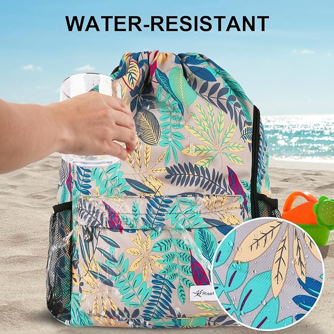 Drawstring Backpack with Mesh Pockets String Gym Bag Sackpack Sandproof Water Resistant Beach Backpack for Men Women