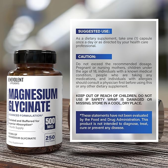 Premium Magnesium Glycinate 500mg Capsules High Absorption Formula Chelated Buffered Glycinate to Support Digestion, Bone, Sleep & Muscle Health - Made in USA - 250 Capsules