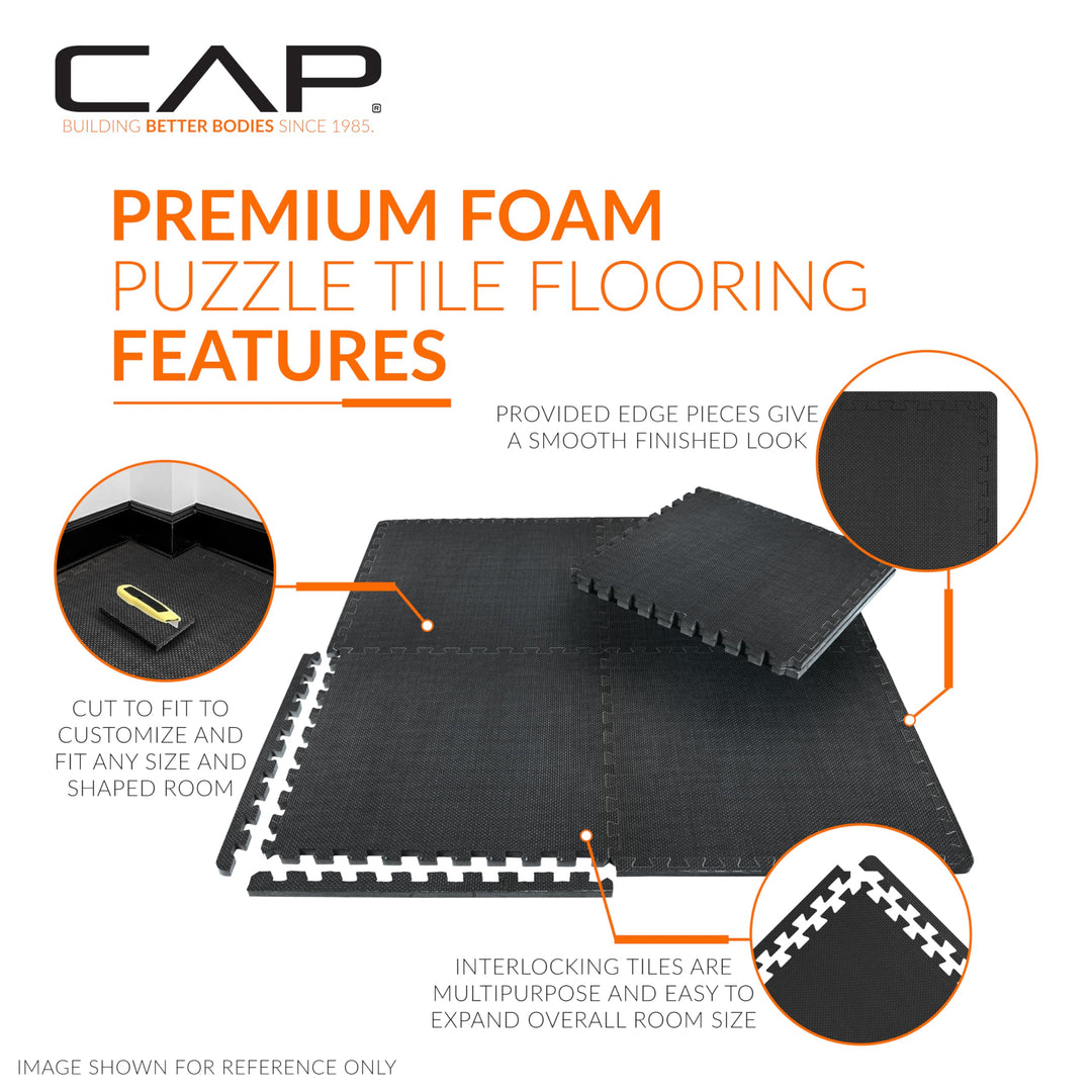 CAP Barbell 1/2-Inch Interlocking EVA Foam Exercise Puzzle Mats - 2 Pack | 24" x 24" x 1/2" | T Pattern - Black