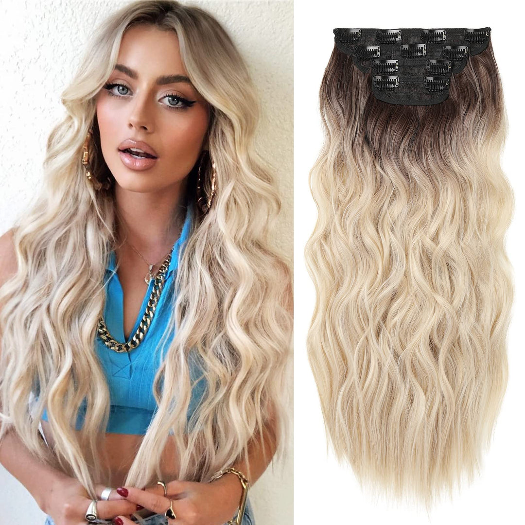 REECHO Hair Extensions, 4PCS Clip in Hair Extensions HE001 Natural Soft Synthetic Hairpieces for Women (20 Inch-200 Gram (Pack of 4), Ombre Ash Brown to Blonde)