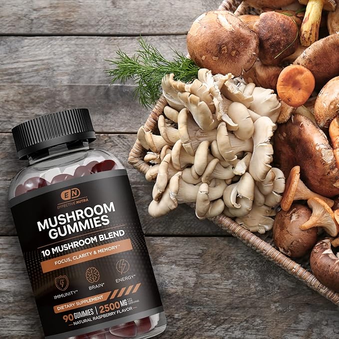 Mushroom Gummies 2500mg | 10 Blend w/Lions Mane, Reishi, Chaga, Cordyceps & More | Focus, Memory, Immunity, Energy | Natural Berry Flavor Supplement | Vegan, Made in USA (2-Pack)