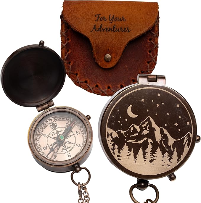 Antique Brass Compass with Leather Case - Mountains & Roads Engraved Pocket Compass for Men - Genuine Leather Pouch Stamped with 'For Your Adventures' - Vintage Gift for Husband, Father & Son