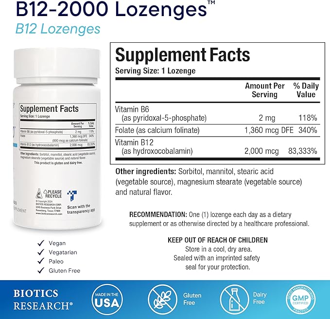 Biotics Research B12-2000™ Vitamin B12 2000 mcg, B6, Folate Supplement - Supplies high Potency Level of B6, B12 Vitamins and folate - Natural, Delicious Berry Flavor, Dissolves Easily -60 Lozenges