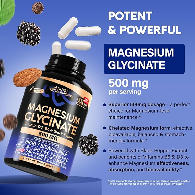 Magnesium Glycinate 500 mg - Chelated Supplement - 98% High Absorption - Support for Sleep, Muscle & Heart Health - Made in USA, Lab Tested & Non-GMO - 240 Capsules