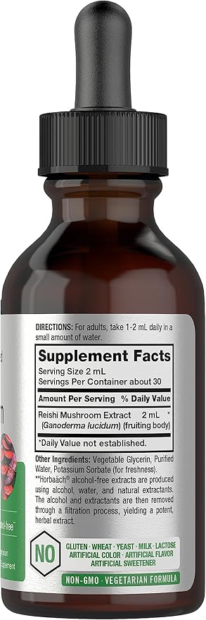 Horbäach Reishi Mushroom Extract Tincture | 2 Fl Oz | Liquid Drops | Ganoderma Lucidum | Vegetarian, Alcohol Free | Non-GMO, Gluten Free Supplement