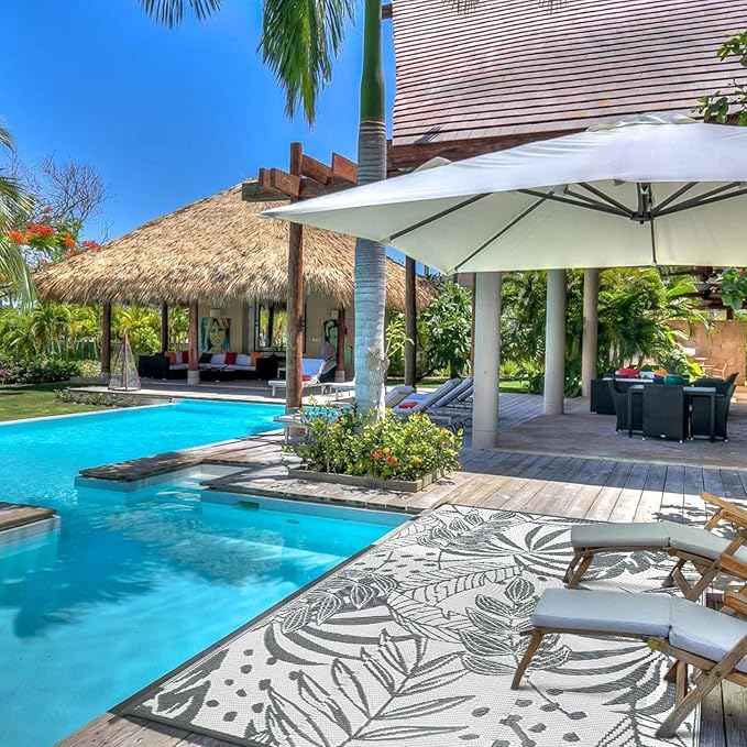 Anidaroel Outdoor Rugs 8x10ft for Patios Clearance Waterproof, Reversible Tropical Plastic Straw Camping Mat Outside Rug, Large Outdoor Area Rug for RV, Porch, Deck, Balcony, Picnic(8'x10')