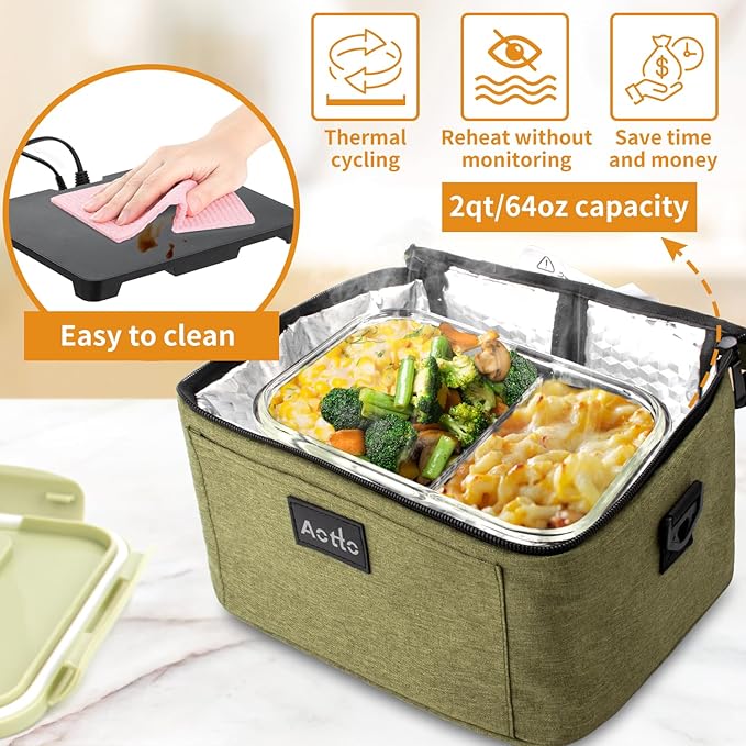 Aotto Portable Oven, Electric Lunch Box Food Heater - 12V/24V/110V 3-in-1 Car Food Warmer - Heated Lunch Box for Adults - Cook, Reheat & Keep Meals Warm for Car, Truck, Travel, Work, Home - Green