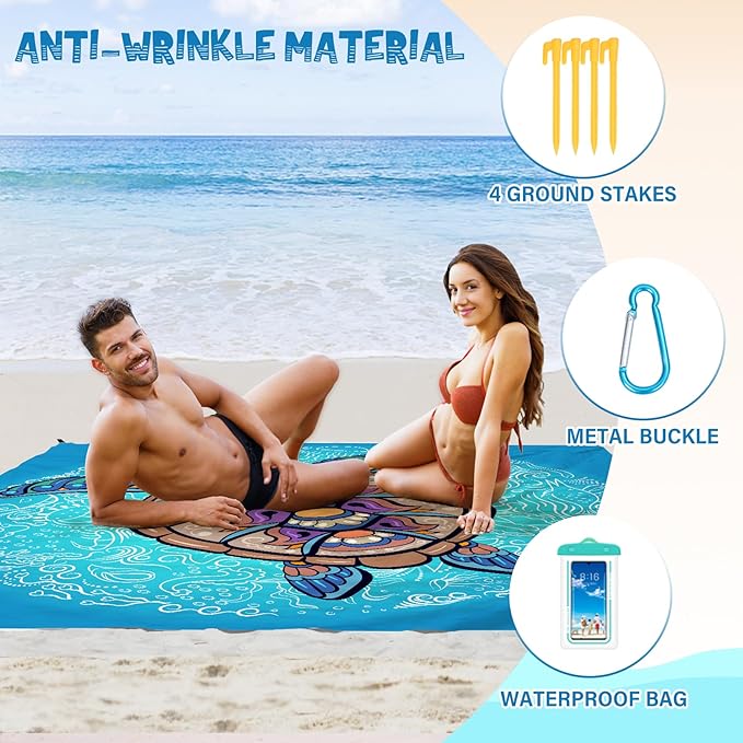 Beach Blanket Waterproof Sandproof 1-7 Adult Oversized 78 '' × 81 '' Lightweight Durable Compact Sand Free Beach Mat for Travel Camping Hiking Picnic Blanket Extra Large