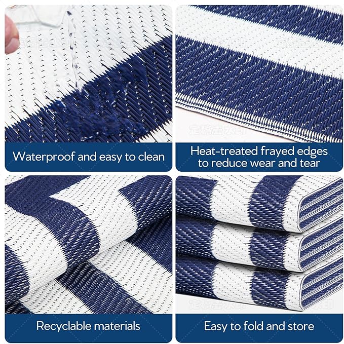 5'x 8' Outdoor Rug,Waterproof Reversible Patio Rugs,5x8 ft Plastic Straw Outdoor Carpet Foldable Plastic Camping Mat for Outside RV, Patio,Picnic,Camper,Balcony,Porch(Navy Blue &White)