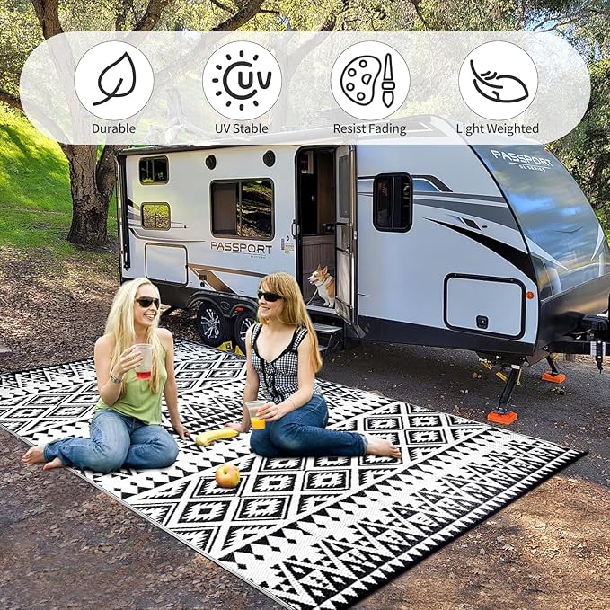 Waterproof Outdoor Rug 5x8ft, Bohemia Reversible Plastic Straw Mat for Patio RV Deck Porch Backyard Balcony Camping Picnic Beach Indoor Outdoor Carpet, Black&White