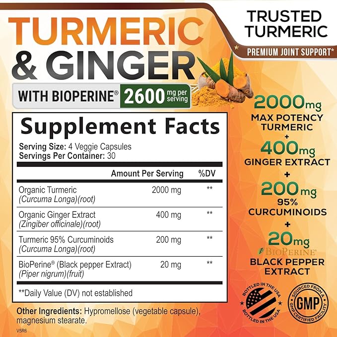 Turmeric Supplement Curcumin 2600mg - with Organic Ginger & Turmeric, BioPerine Black Pepper Extract 95% Curcuminoids - Advanced Absorption Antioxidant & Joint Support - Vegan - 120 Capsules