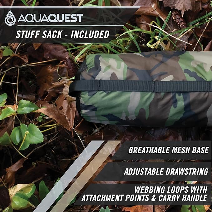 AquaQuest Defender Camping Tarp - Heavy Duty Tent Shelter or Rain Fly - Waterproof Camping Essentials for Hiking, Bushcraft & Hammock, 10 x 10 ft, Woodland Camo