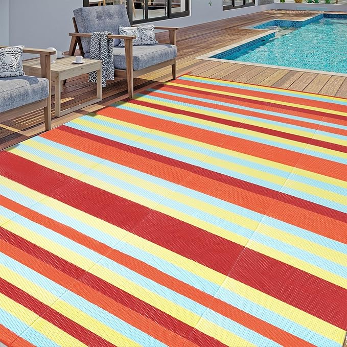Outdoor Waterproof Rug 9'x12' Plastic Straw Rugs Washable Reversible Floor Mat Rainbow Stripe Carpet for Camping RV Deck Entryance Porch Picnic Balcony Beach Backyard