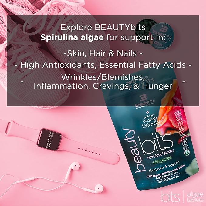 BEAUTYbits - Organic Spirulina Tablets - Algae Superfood - Collagen, Protein, Chlorophyll - Hair, Nails, & Skin Care - Vegan, Keto, Gluten Free - Self Care - Skincare Beauty Gifts - 2 Bags, 60 Tablets