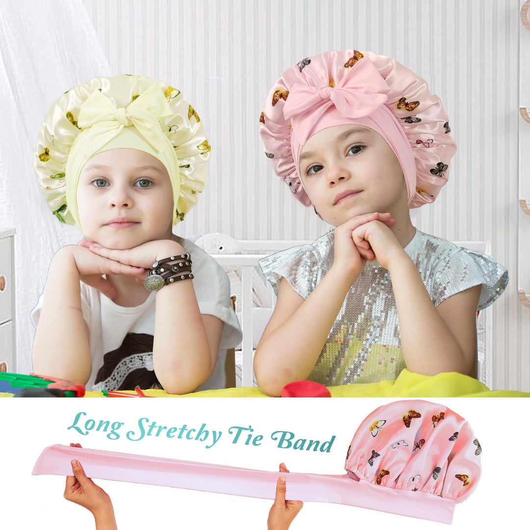 choshion 2 PCS Kids Bonnets for Girls, Silk Bonnet for Kids, Satin Silk Hair Bonnet for Sleeping with Tie Band, Baby Toddler Teens Child Sleep Cap for Curly Hair Braids