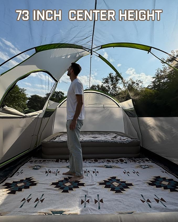 8 Person Larger Extended Dome Camping Tent with 3 Rooms, Waterproof Semi-Freestanding Family Outdoor Tent with Spacious Interior and Mesh Windows