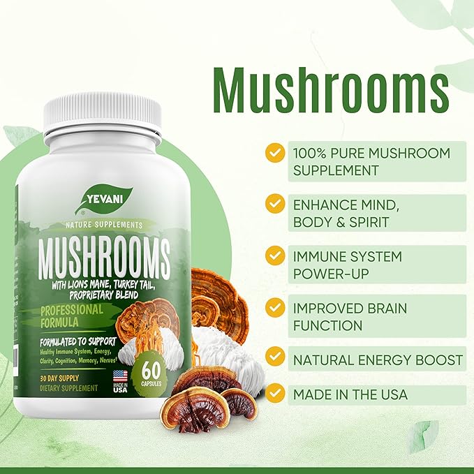 100% Pure Mushroom Supplement for Immune, Energy, Clarity, Cognition, Memory, Nerves Support - Lions Mane, Cordyceps, Reishi, Turkey Tail with Powerful Mushroom Blend