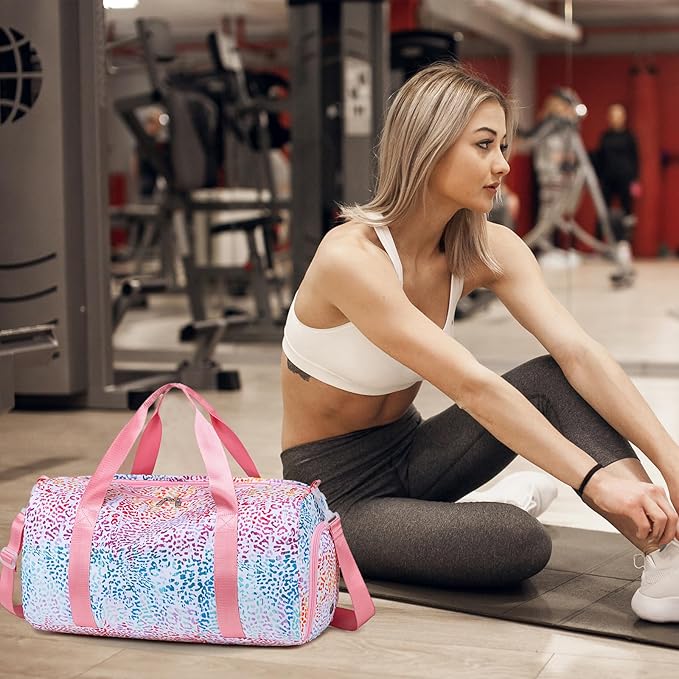 Gym Bag Sports Duffle Bag with Wet Pocket Weekender Overnight Bag with Waterproof Shoe Pouch and Air Hole for Girls Kids Women Travel Foldable Bag