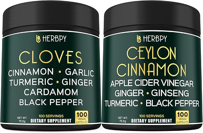 Bundle 7in1 Cloves Supplement & 6in1 Premium Ceylon Cinnamon Supplements - Support Immune, Digestion Health and Body Balance