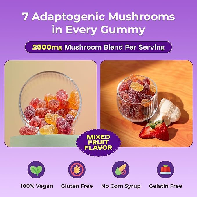 Ashwagandha Gummies and Lions Mane Mushroom Gummies Supplement - Organic - Reishi, Cordyceps, Turkey Tail, Maitake, Shitake, Chaga - Immune Defense, Boosts Cognitive Performance, Vegan, Low Carb