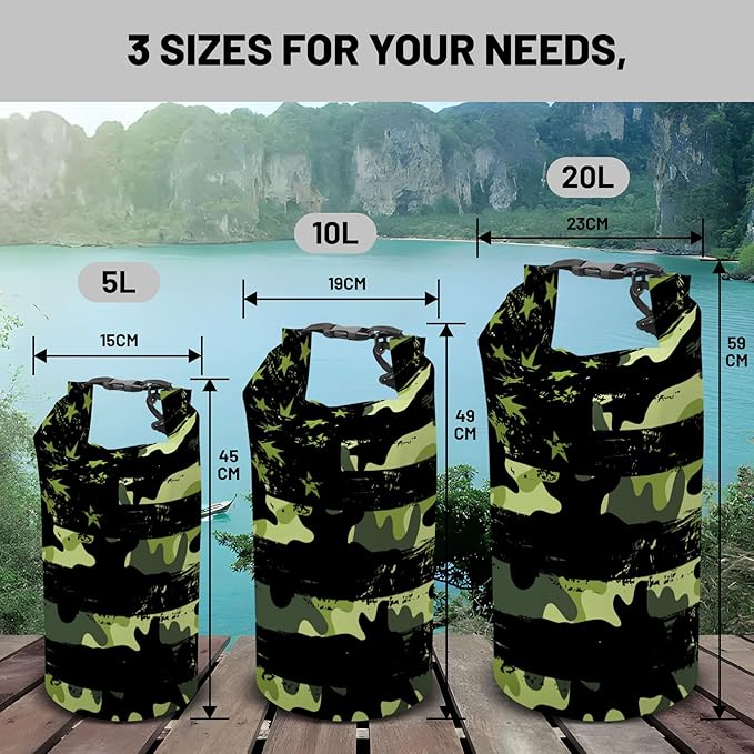 Waterproof Dry Bag,Roll Top Grey Camouflage American Flag Small Waterproof Backpack 5L/10L/20L Floating Lightweight Bags for Kayaking, Boating, Fishing, Swimming Camping with Waterproof Phone Case