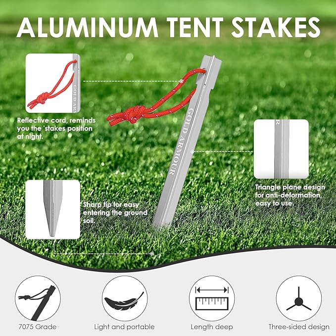 Gold Armour Tent Stakes - 12 Pack Heavy Duty, Lightweight, Camping Stakes Pegs for Outdoor Tent and Tarp, Essential Camping Gear Equipment Accessories (Silver)