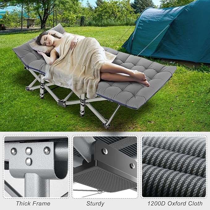 ABORON Folding Camping Cot W/Mat for Adults, Heavy Duty Outdoor Bed with Carry Bag,1200 D Layer Oxford Travel Camp Cots